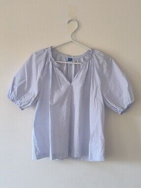 Old Navy White Blue Striped Women's Puff Ruffled Split-Neck Blouson Sleeve Top